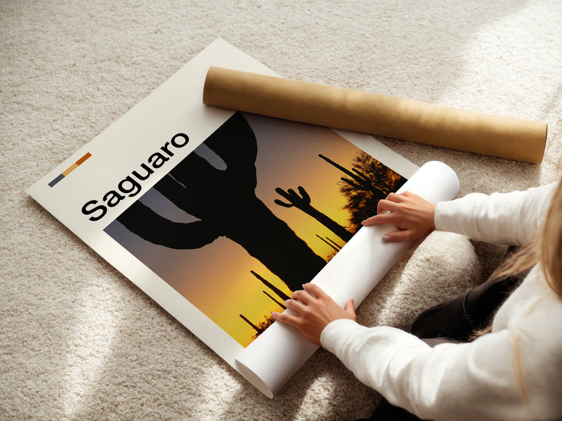Saguaro Cacti At Sunset Travel Print being unrolled from its postal tube