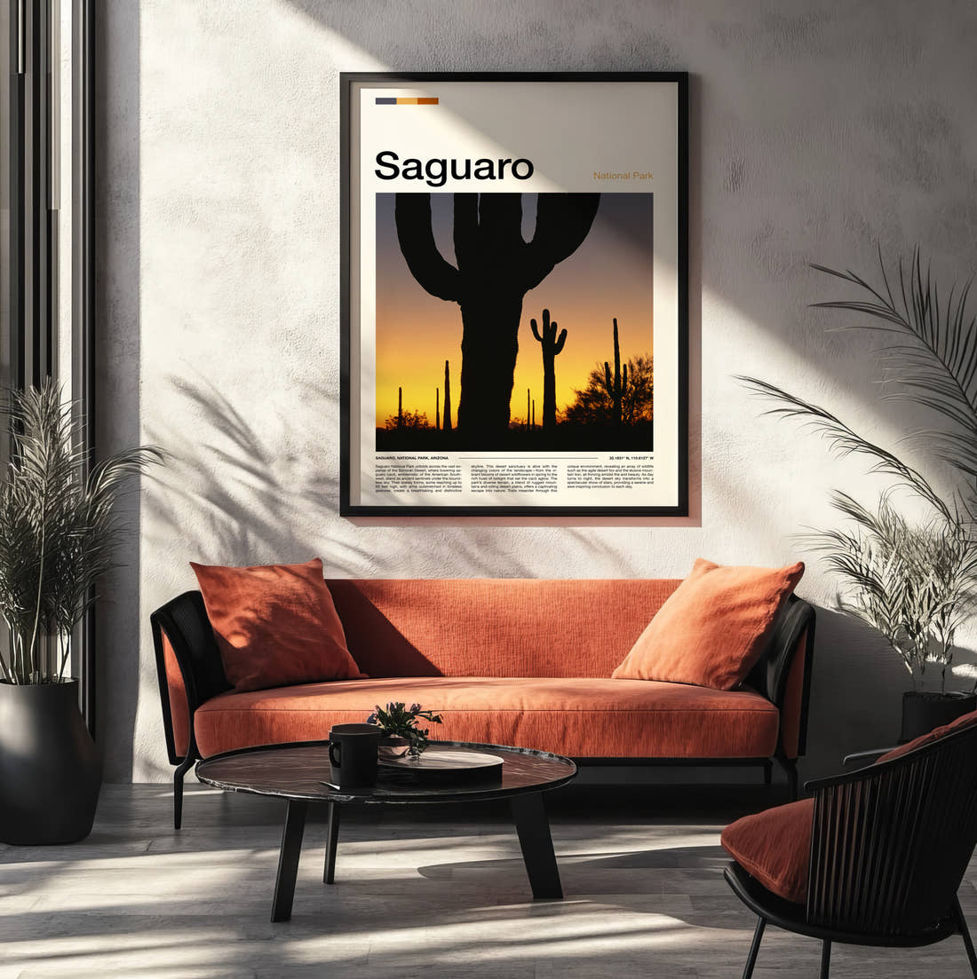 Saguaro Cacti At Sunset Travel Print framed on the wall of a modern living room