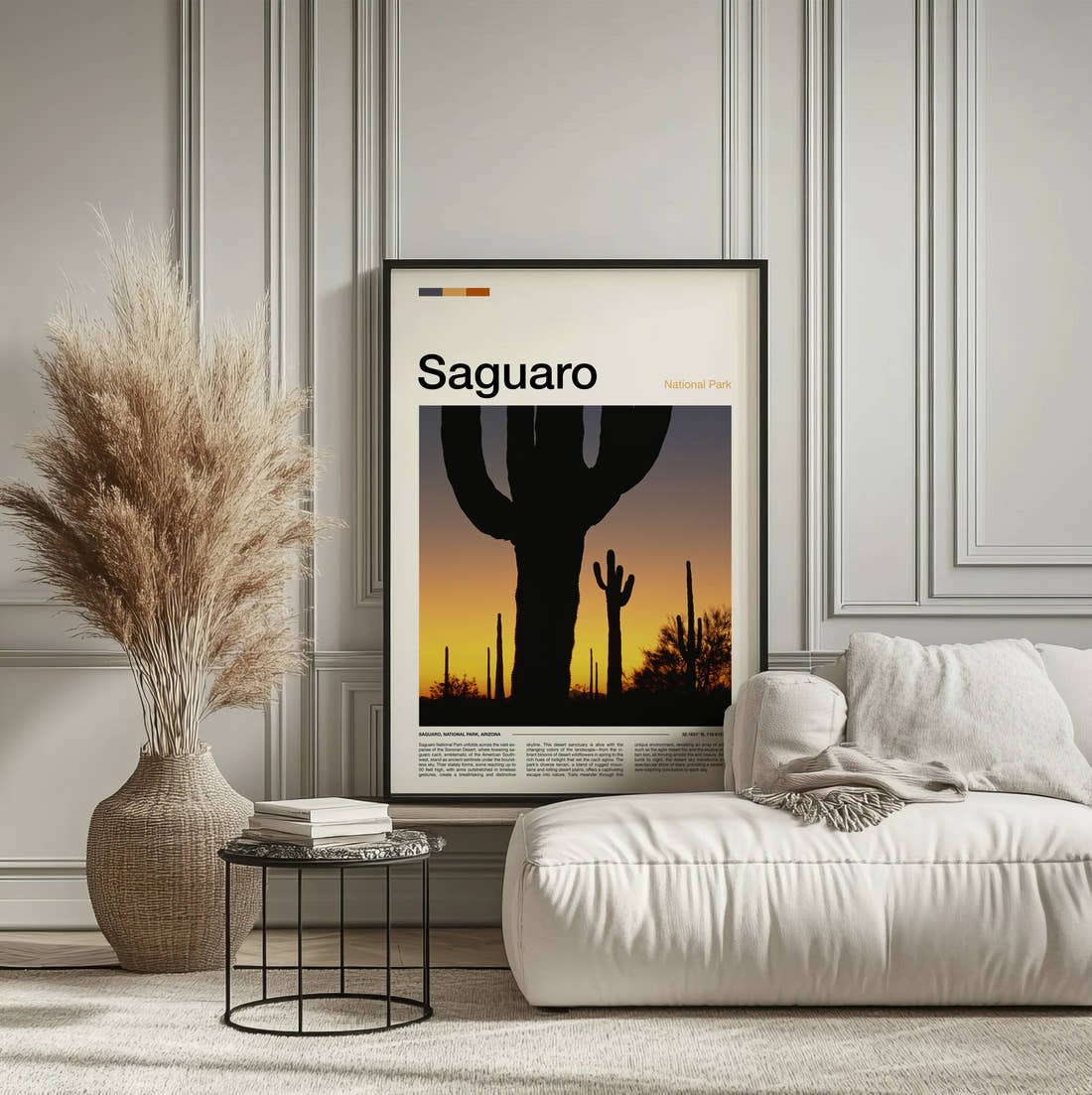 Saguaro Cacti At Sunset Travel Print framed on the wall of a calm, neutral bedroom