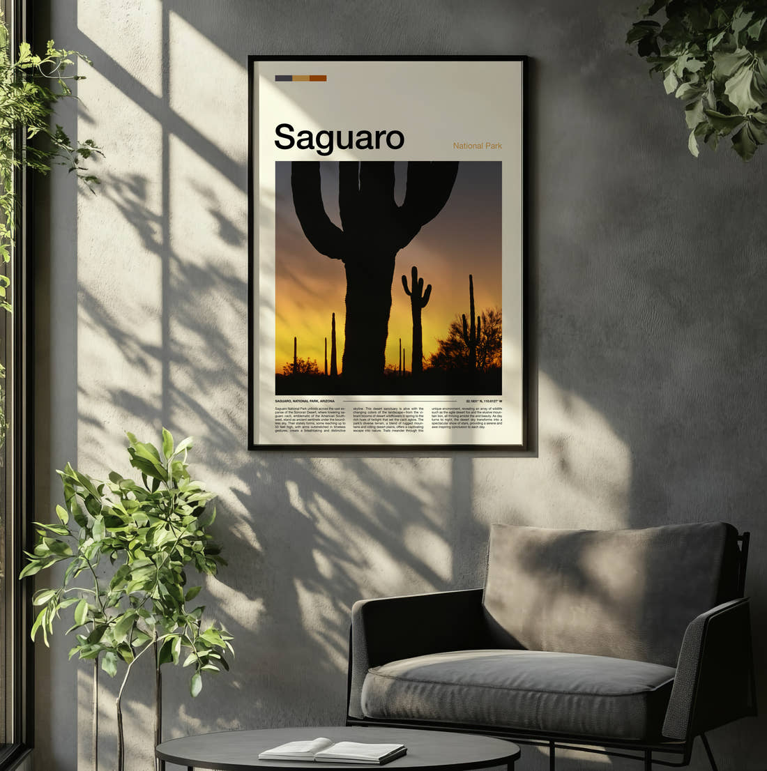 Saguaro Cacti At Sunset Travel Print framed on the wall of a relaxed living room