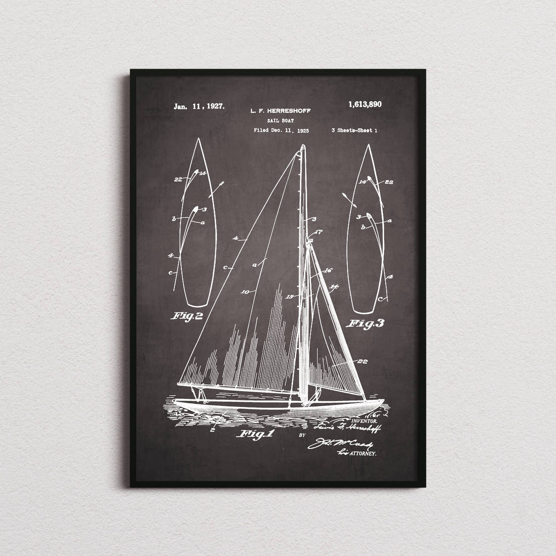 Sailboat Herreshoff Patent Print in the blackboard colourway, framed