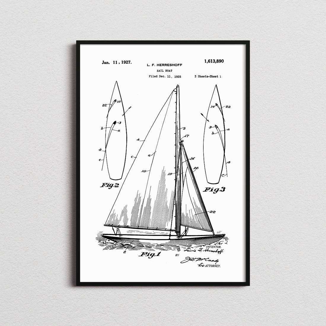 Sailboat Herreshoff Patent Print in the white colourway, framed