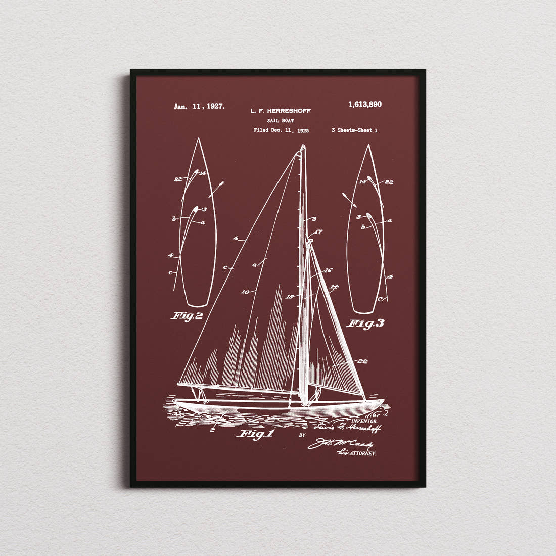 Sailboat Herreshoff Patent Print in the burgundy colourway, framed