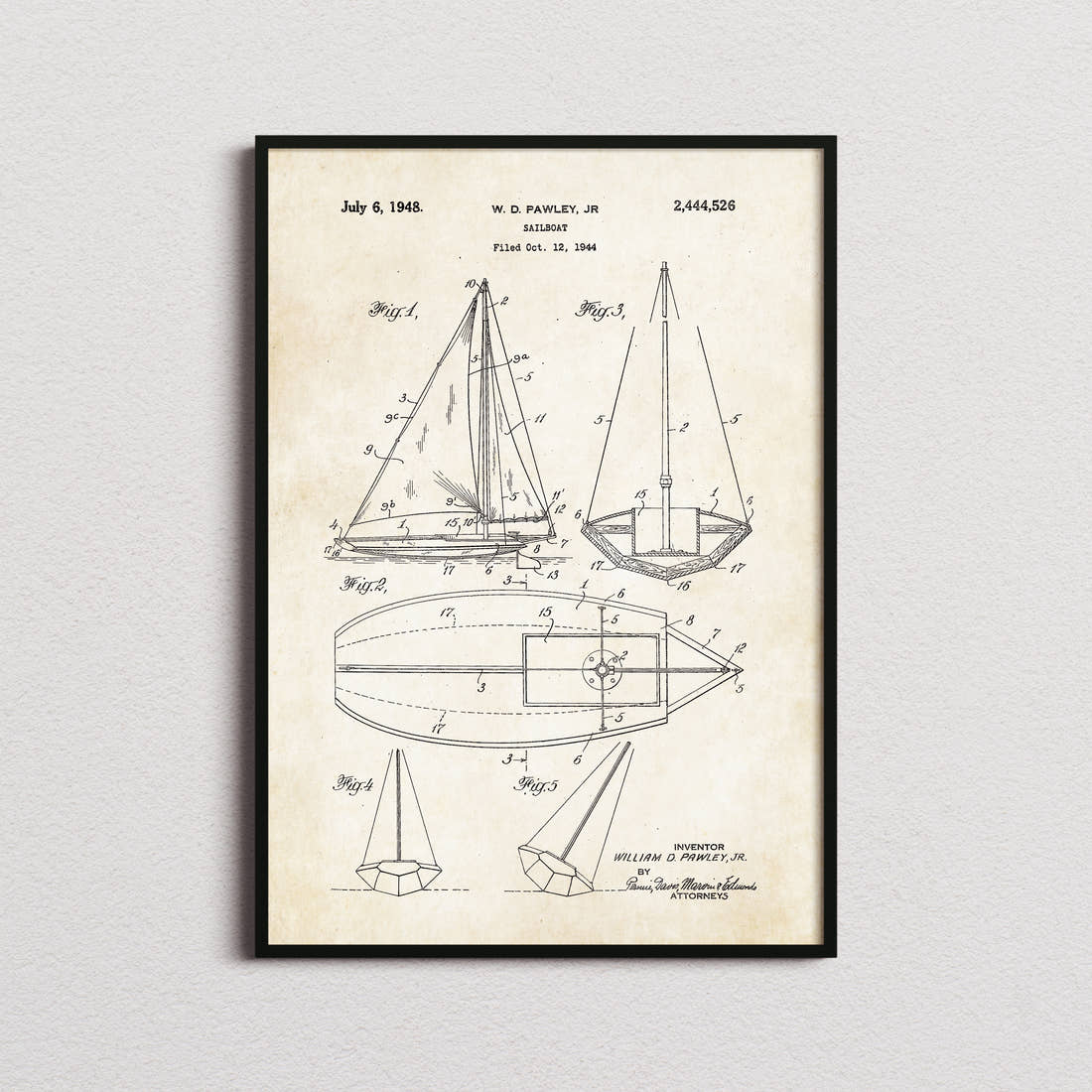 Sailboat Pawley Patent Print in the aged paper colourway, framed