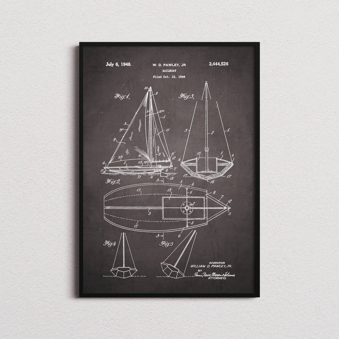 Sailboat Pawley Patent Print in the blackboard colourway, framed