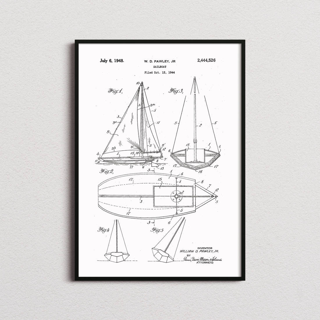 Sailboat Pawley Patent Print in the white colourway, framed