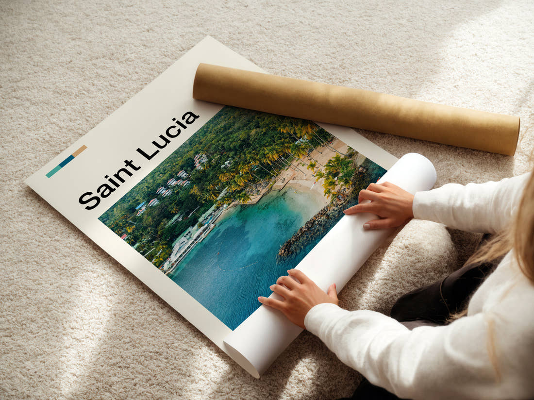 Saint Lucia Tropical Bay Travel Print being unrolled from its postal tube