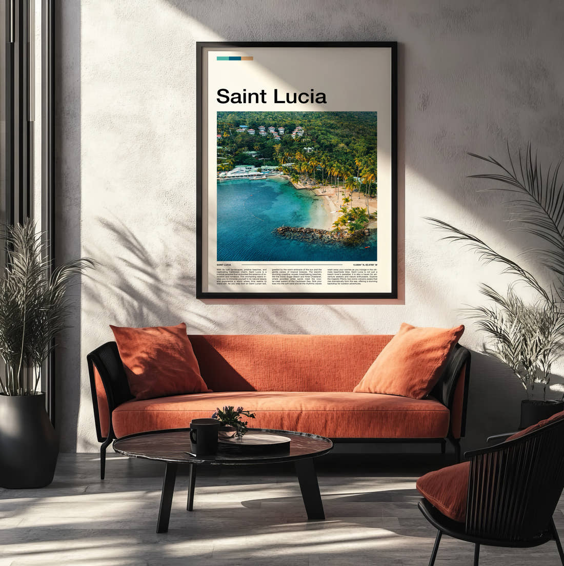 Saint Lucia Tropical Bay Travel Print framed on the wall of a modern living room