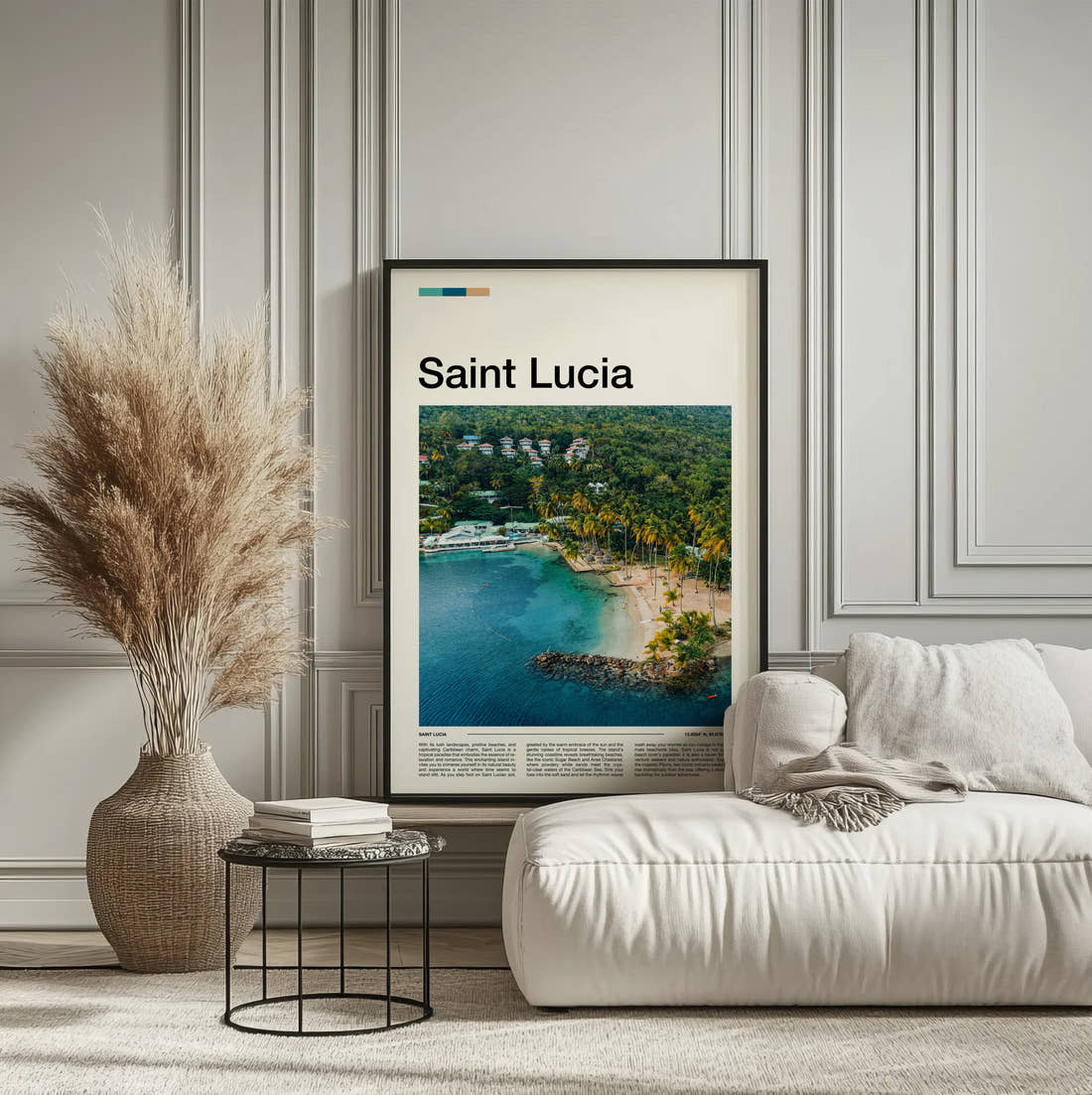 Saint Lucia Tropical Bay Travel Print framed on the wall of a calm, neutral bedroom