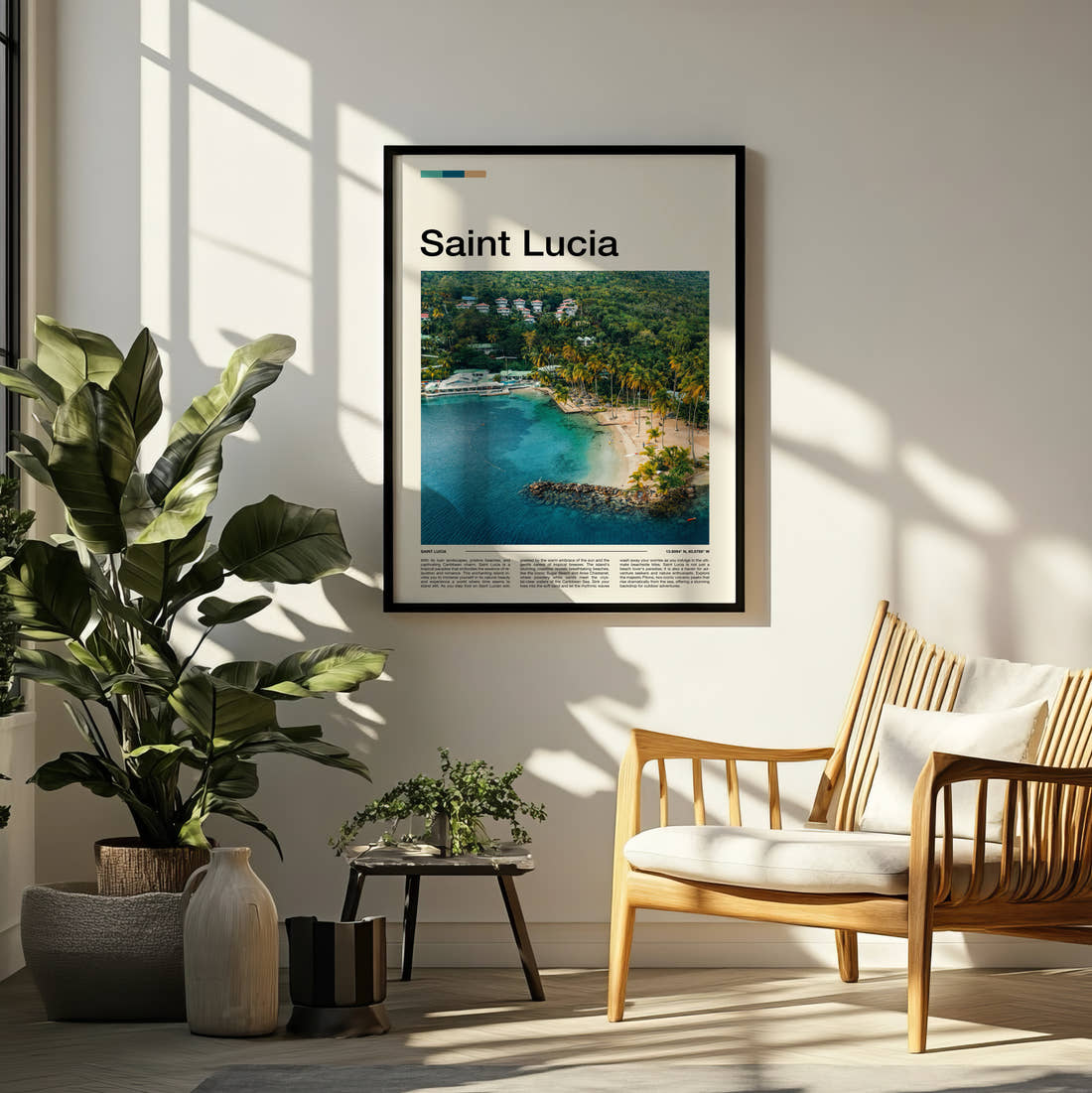 Saint Lucia Tropical Bay Travel Print framed on a pale wall beside houseplants