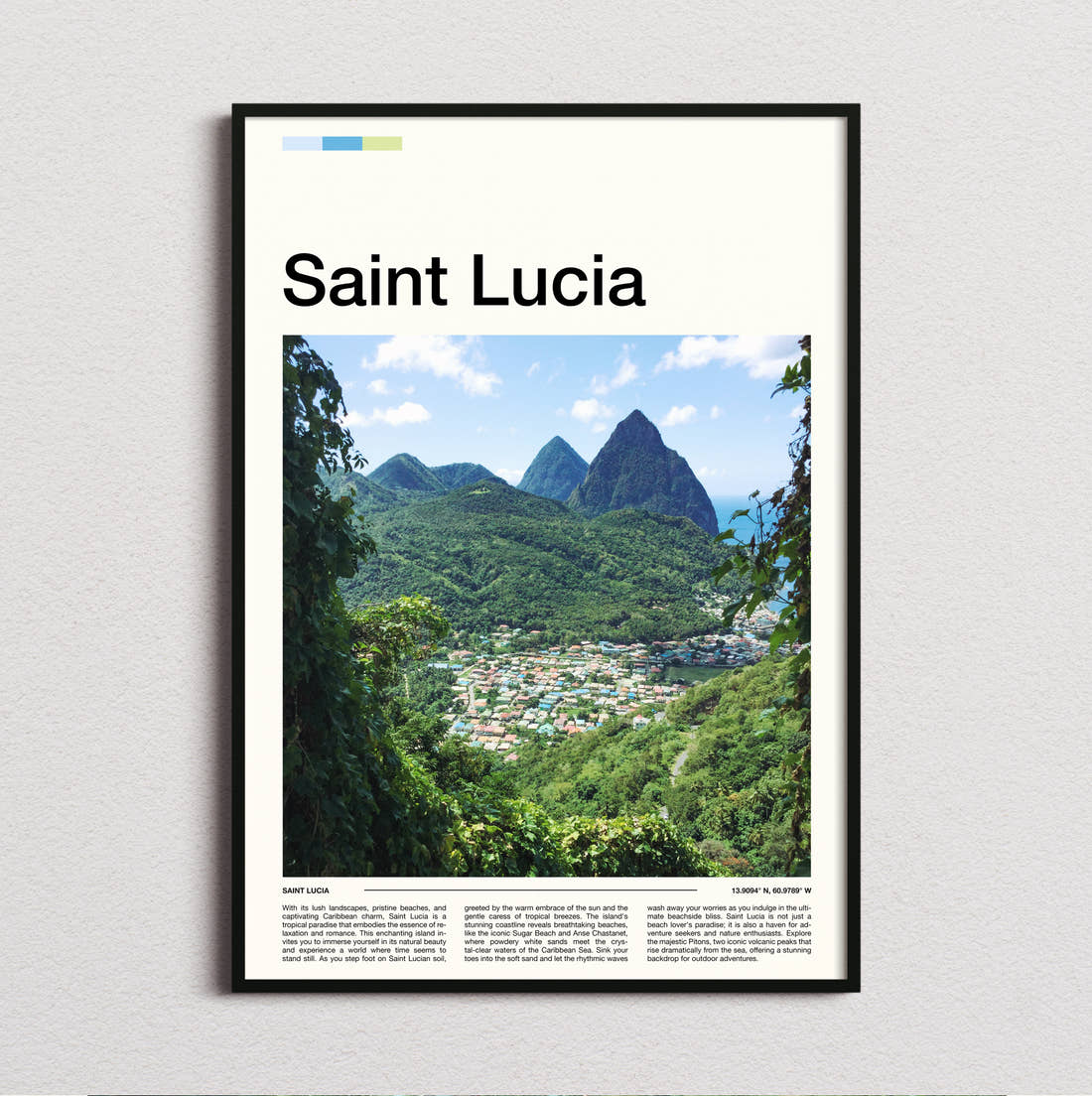 Saint Lucia The Pitons Travel Print framed and photographed straight on