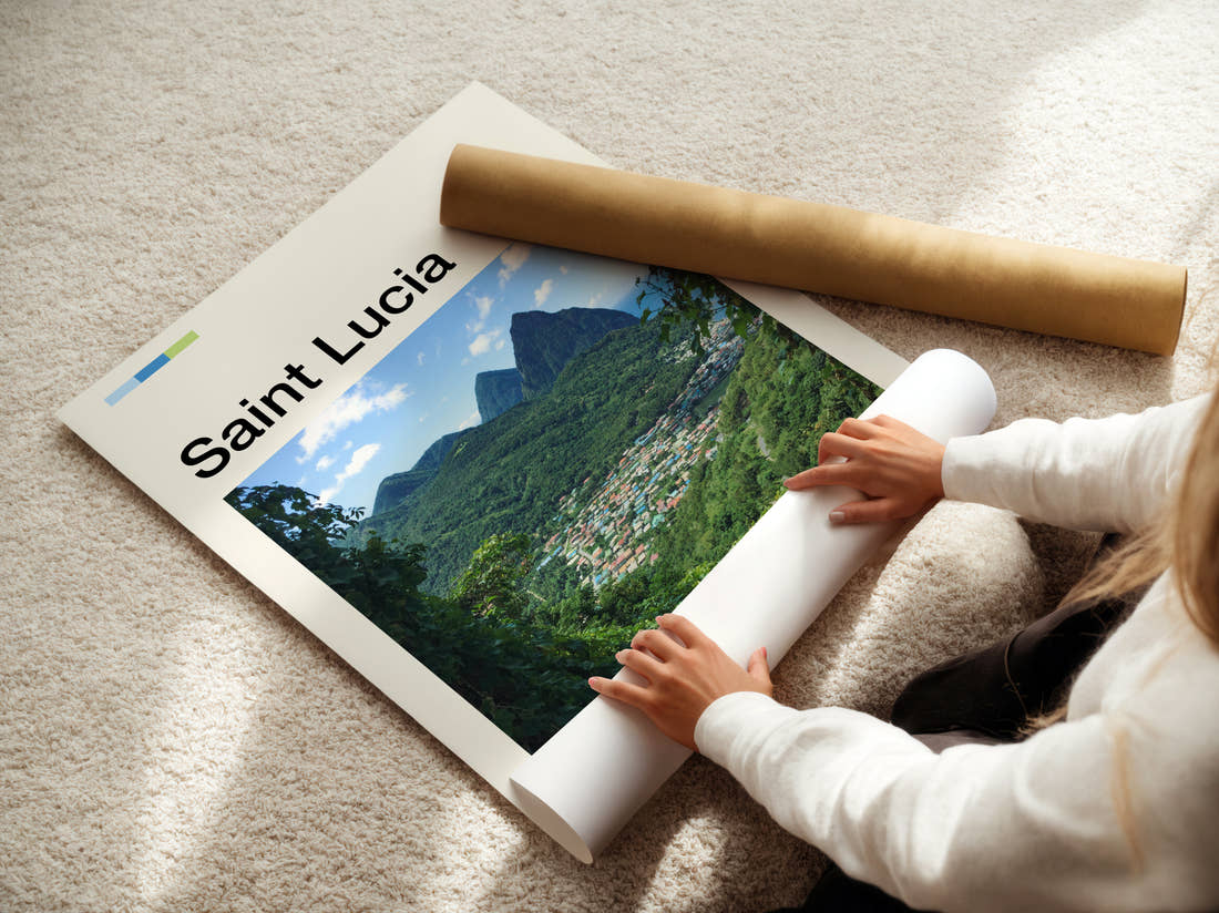 Saint Lucia The Pitons Travel Print being unrolled from its postal tube