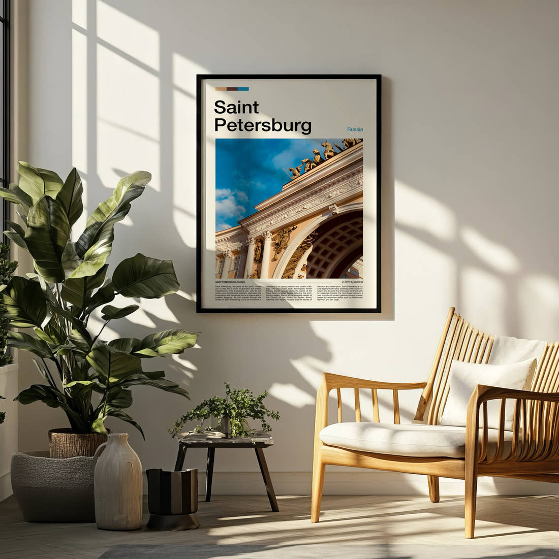 Saint Petersburg Triumphal Arch Travel Print framed on a pale wall beside houseplants