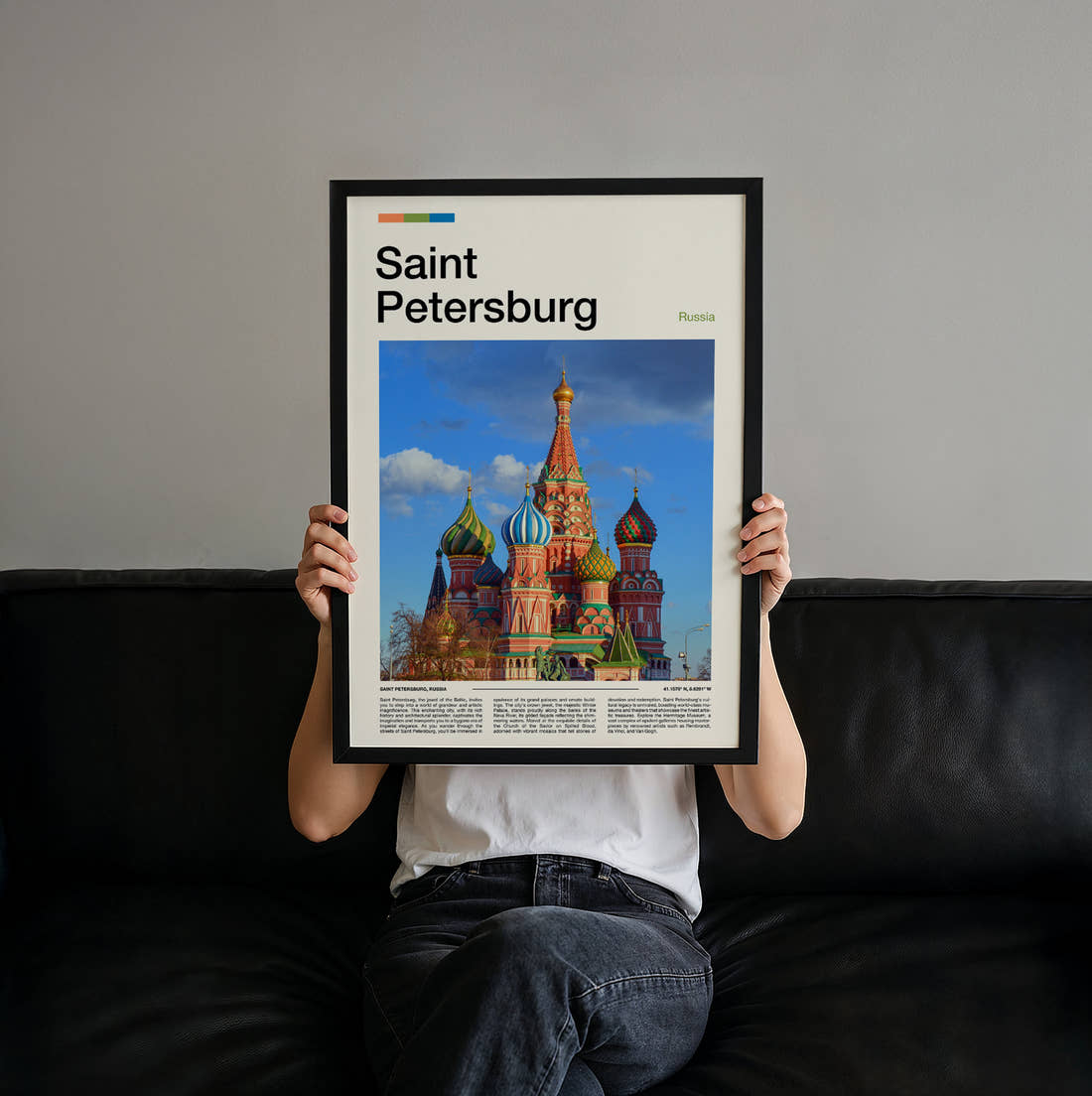 Saint Petersburg St Basil's Cathedral Travel Print held up by hand to show the size of the print