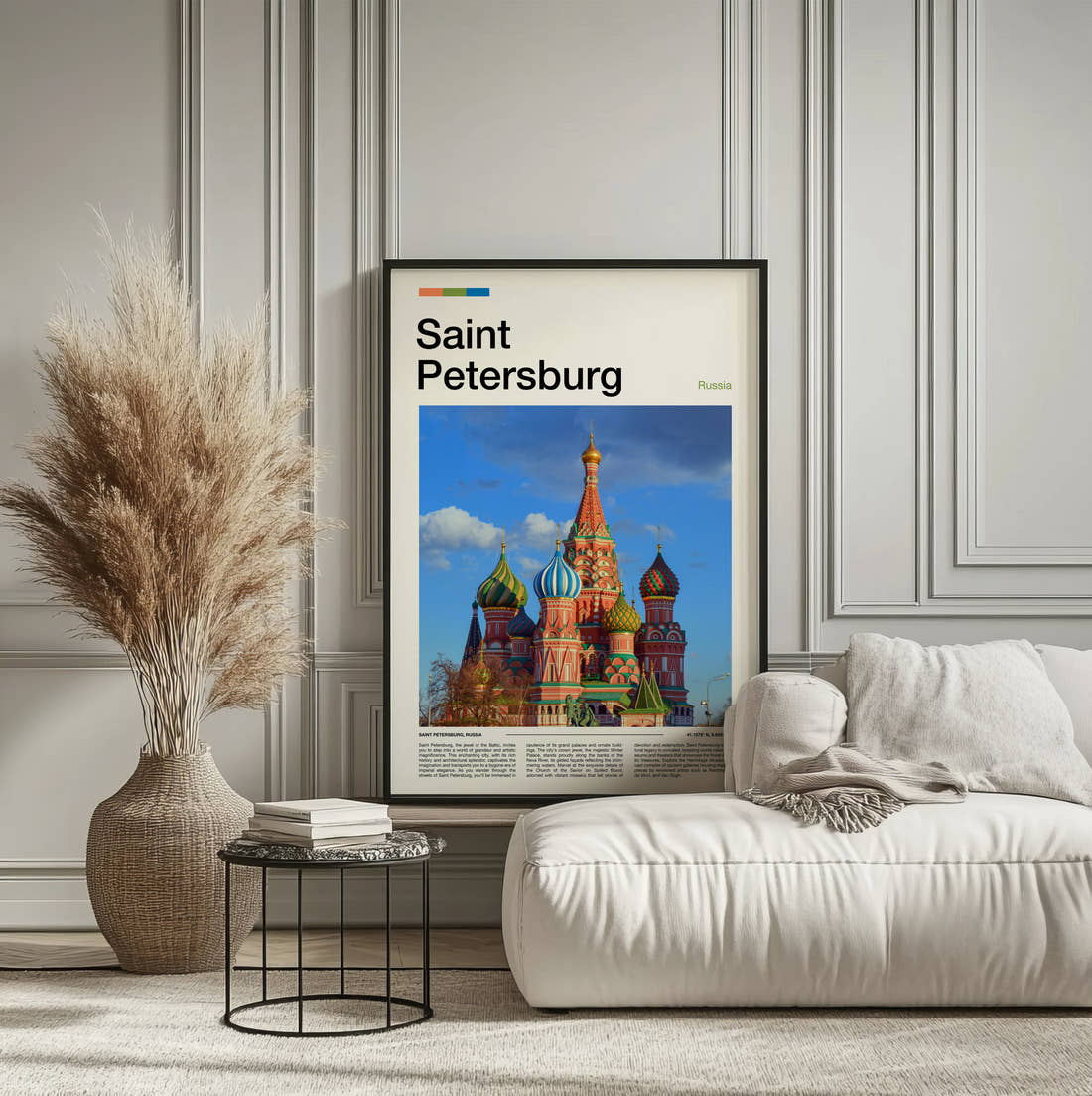 Saint Petersburg St Basil's Cathedral Travel Print framed on the wall of a calm, neutral bedroom