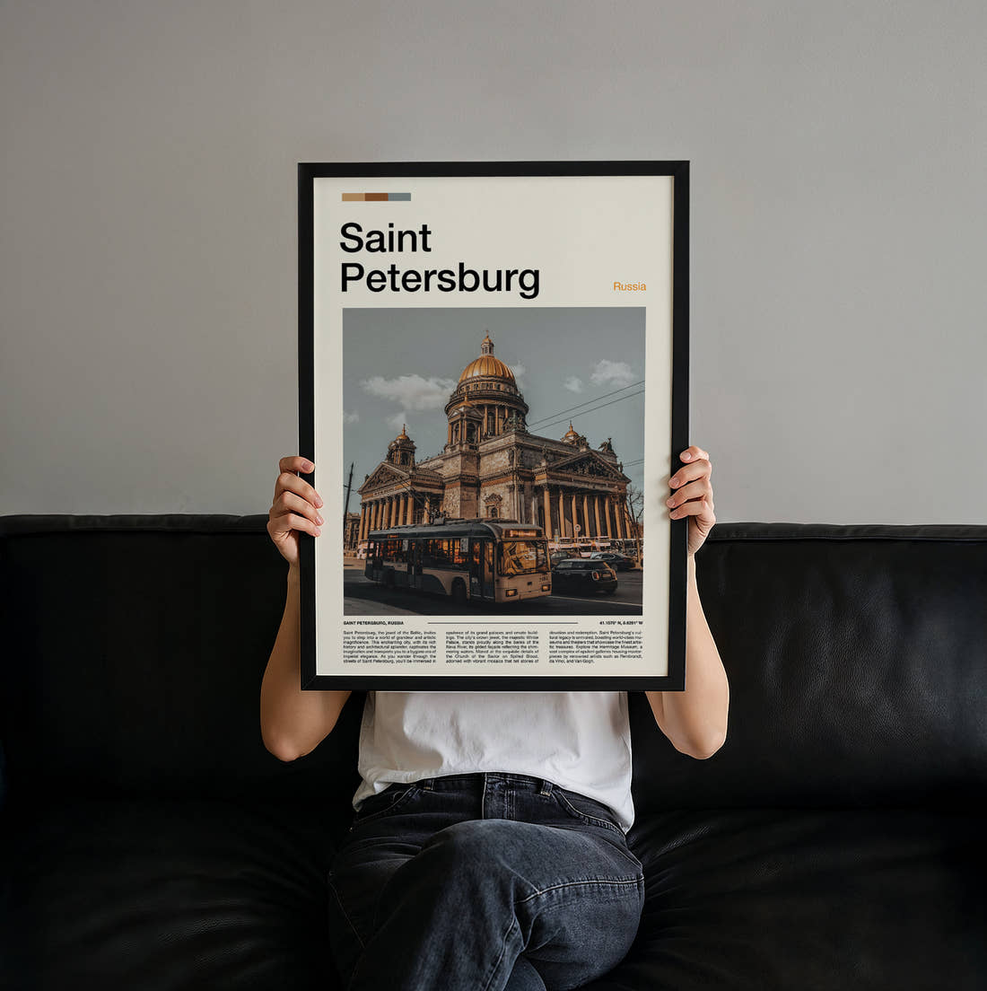 Saint Petersburg Saint Isaac's Cathedral From The Street Travel Print held up by hand to show the size of the print