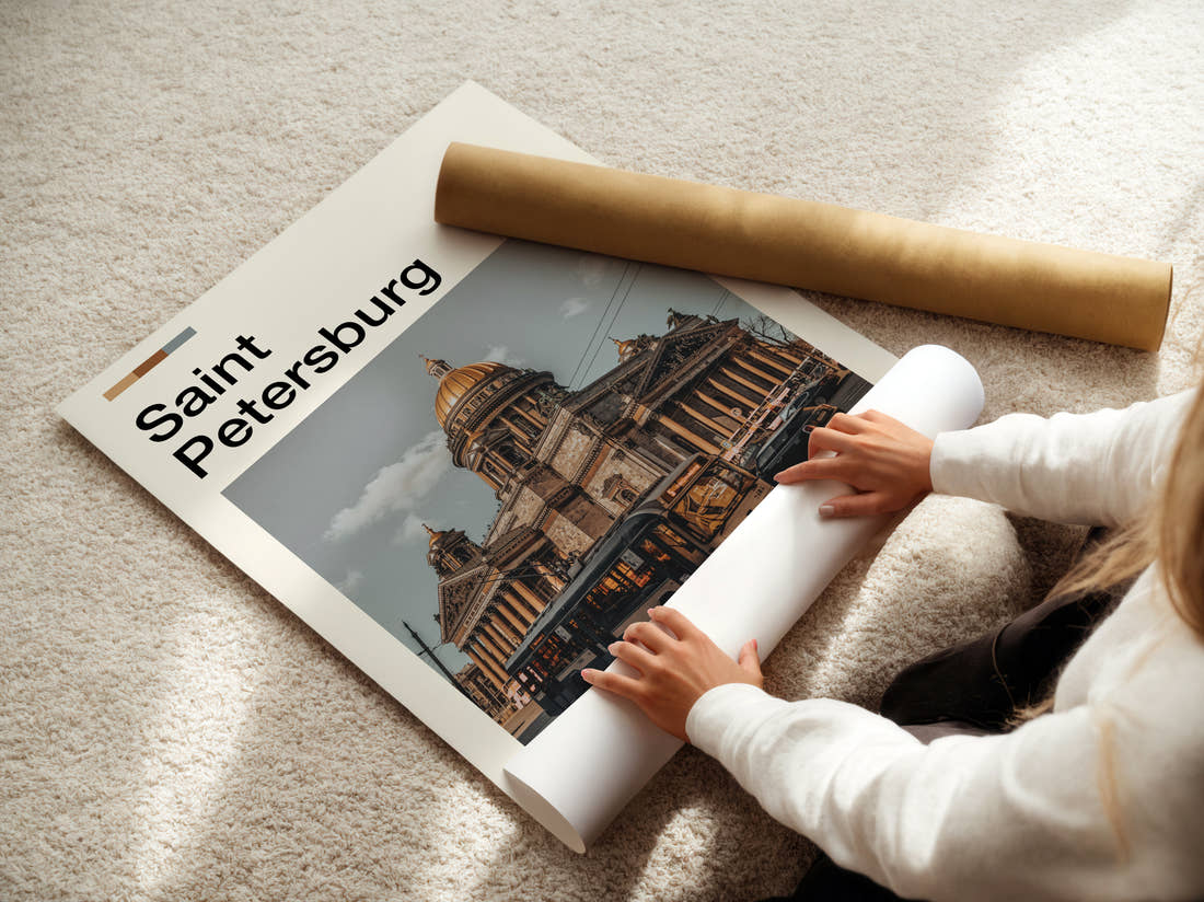 Saint Petersburg Saint Isaac's Cathedral From The Street Travel Print being unrolled from its postal tube
