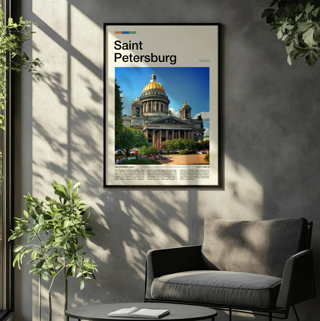 Saint Petersburg Saint Isaac's Cathedral In Summer Travel Print framed on the wall of a relaxed living room