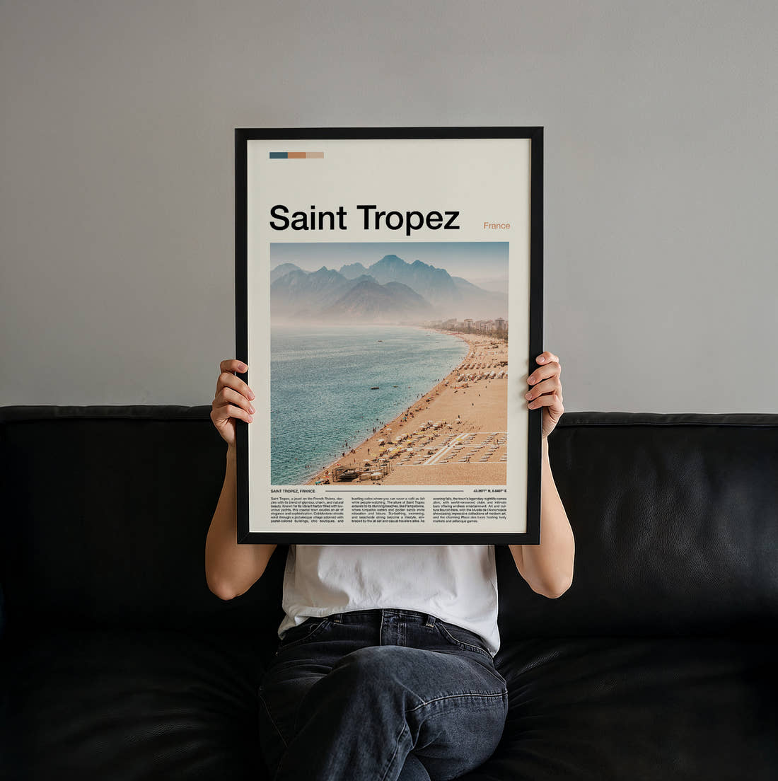 Saint Tropez Beach And Sun Loungers Travel Print held up by hand to show the size of the print