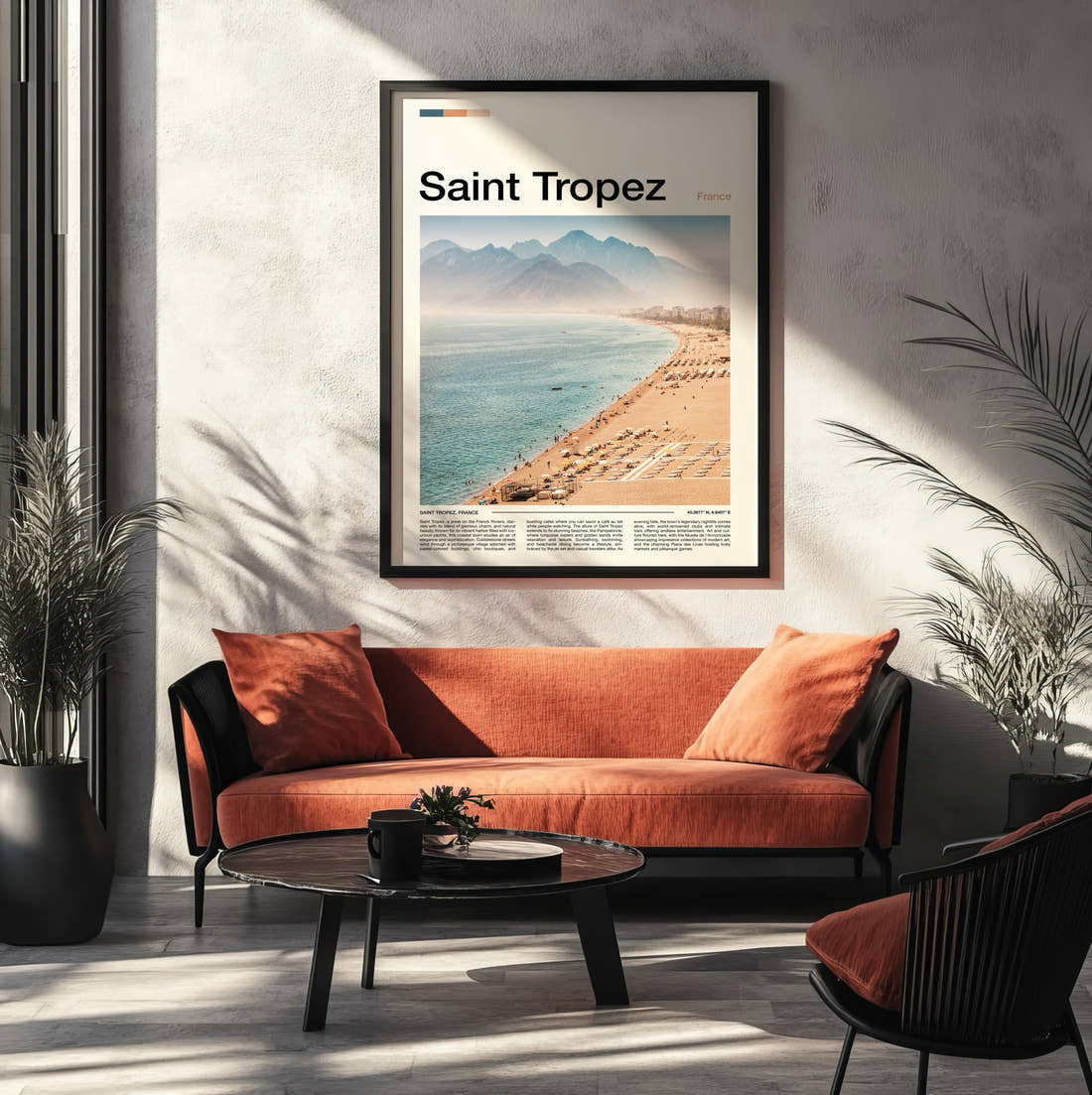 Saint Tropez Beach And Sun Loungers Travel Print framed on the wall of a modern living room