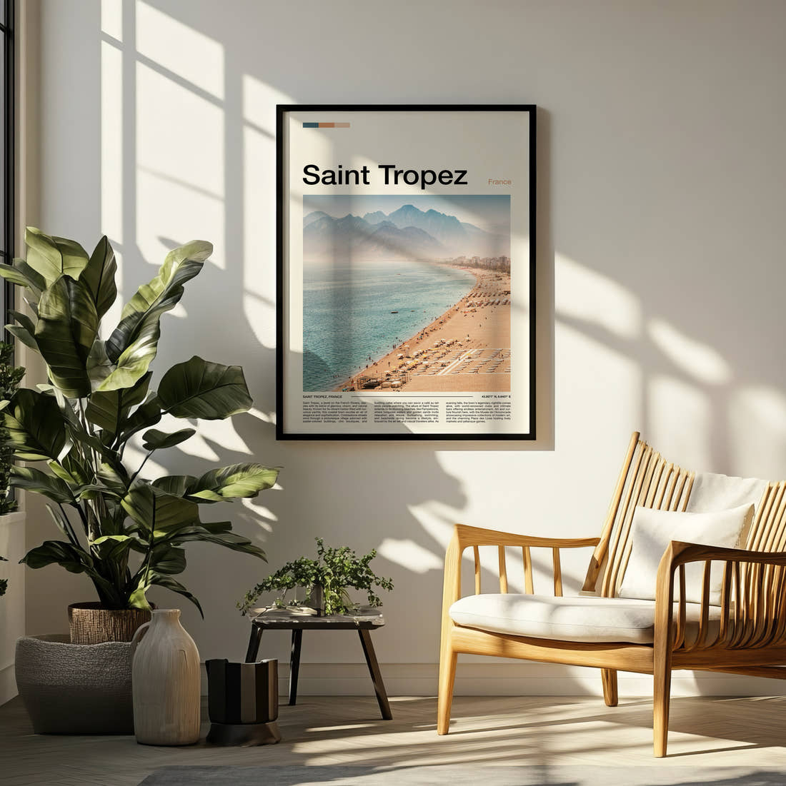 Saint Tropez Beach And Sun Loungers Travel Print framed on a pale wall beside houseplants