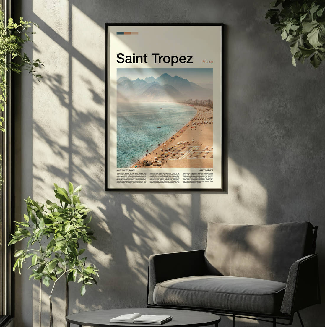 Saint Tropez Beach And Sun Loungers Travel Print framed on the wall of a relaxed living room