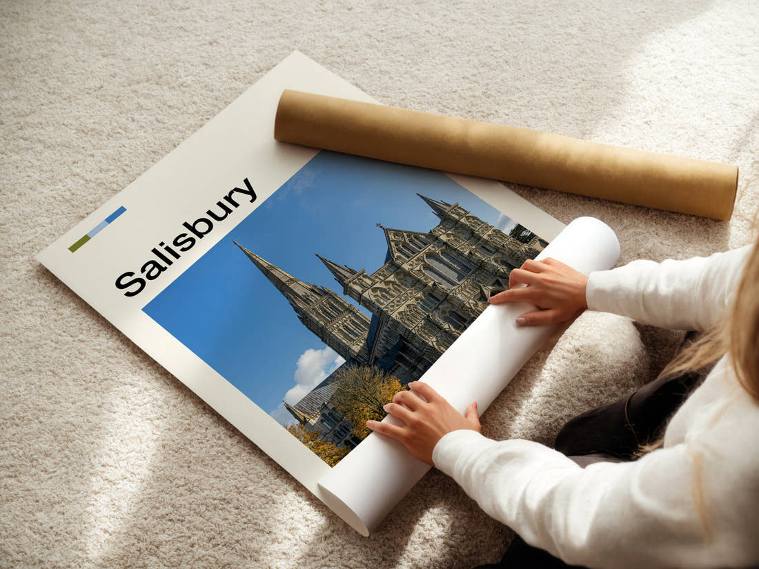 Salisbury Gothic Cathedral Spire Travel Print being unrolled from its postal tube