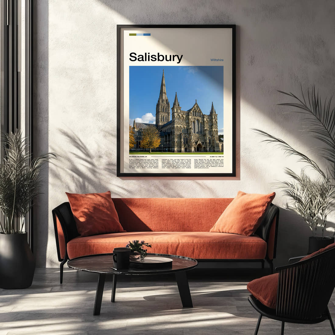 Salisbury Gothic Cathedral Spire Travel Print framed on the wall of a modern living room