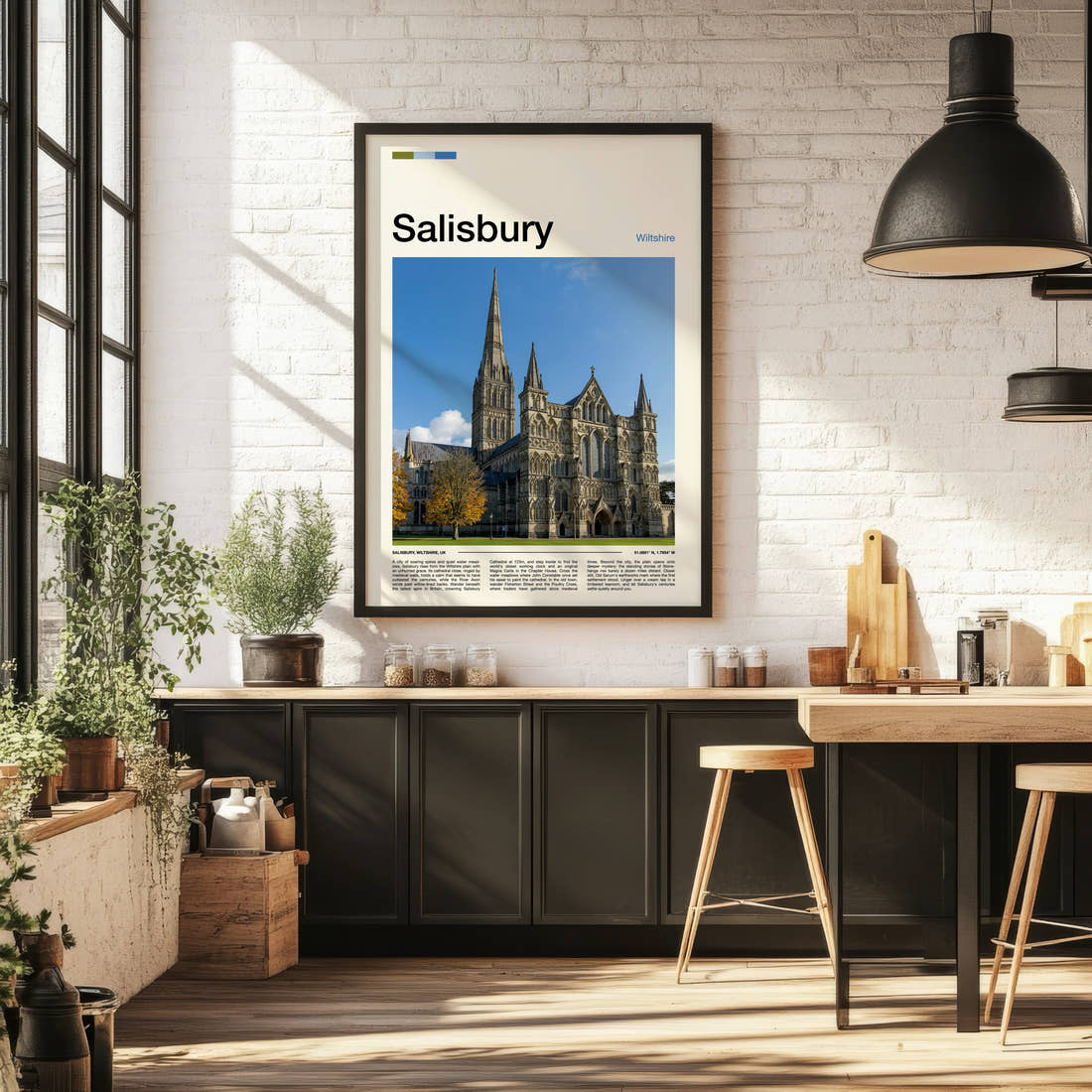 Salisbury Gothic Cathedral Spire Travel Print framed on the wall of a bright kitchen and dining space