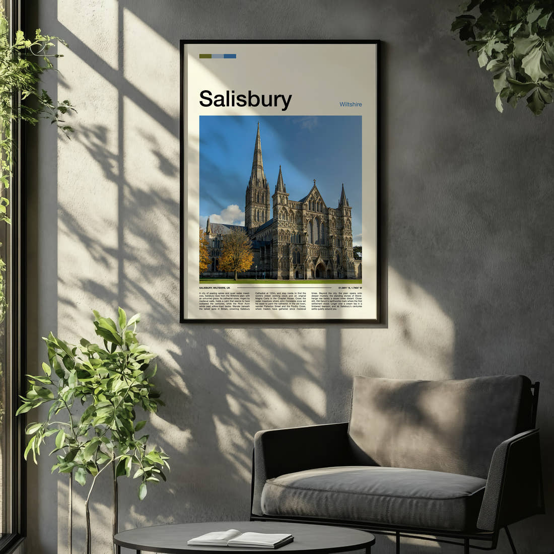 Salisbury Gothic Cathedral Spire Travel Print framed on the wall of a relaxed living room