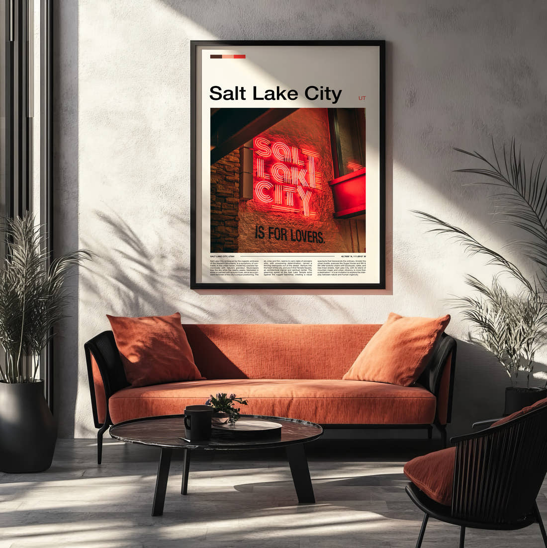 Salt Lake City Neon Sign Travel Print framed on the wall of a modern living room