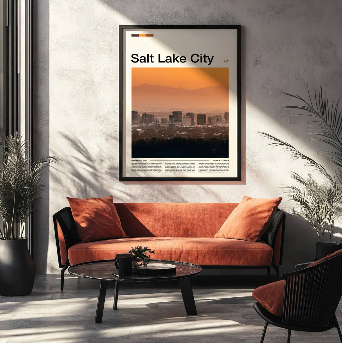 Salt Lake City Hazy Skyline At Sunset Travel Print framed on the wall of a modern living room