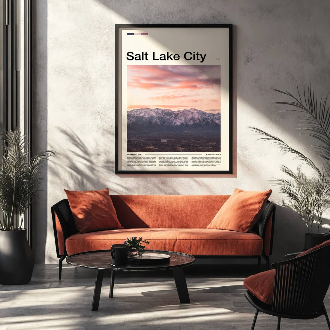 Salt Lake City Snowy Mountains At Sunset Travel Print framed on the wall of a modern living room