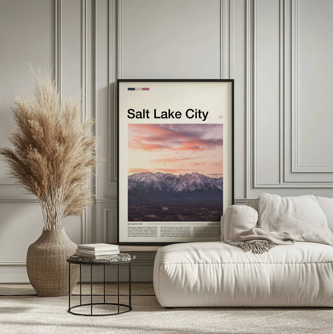 Salt Lake City Snowy Mountains At Sunset Travel Print framed on the wall of a calm, neutral bedroom