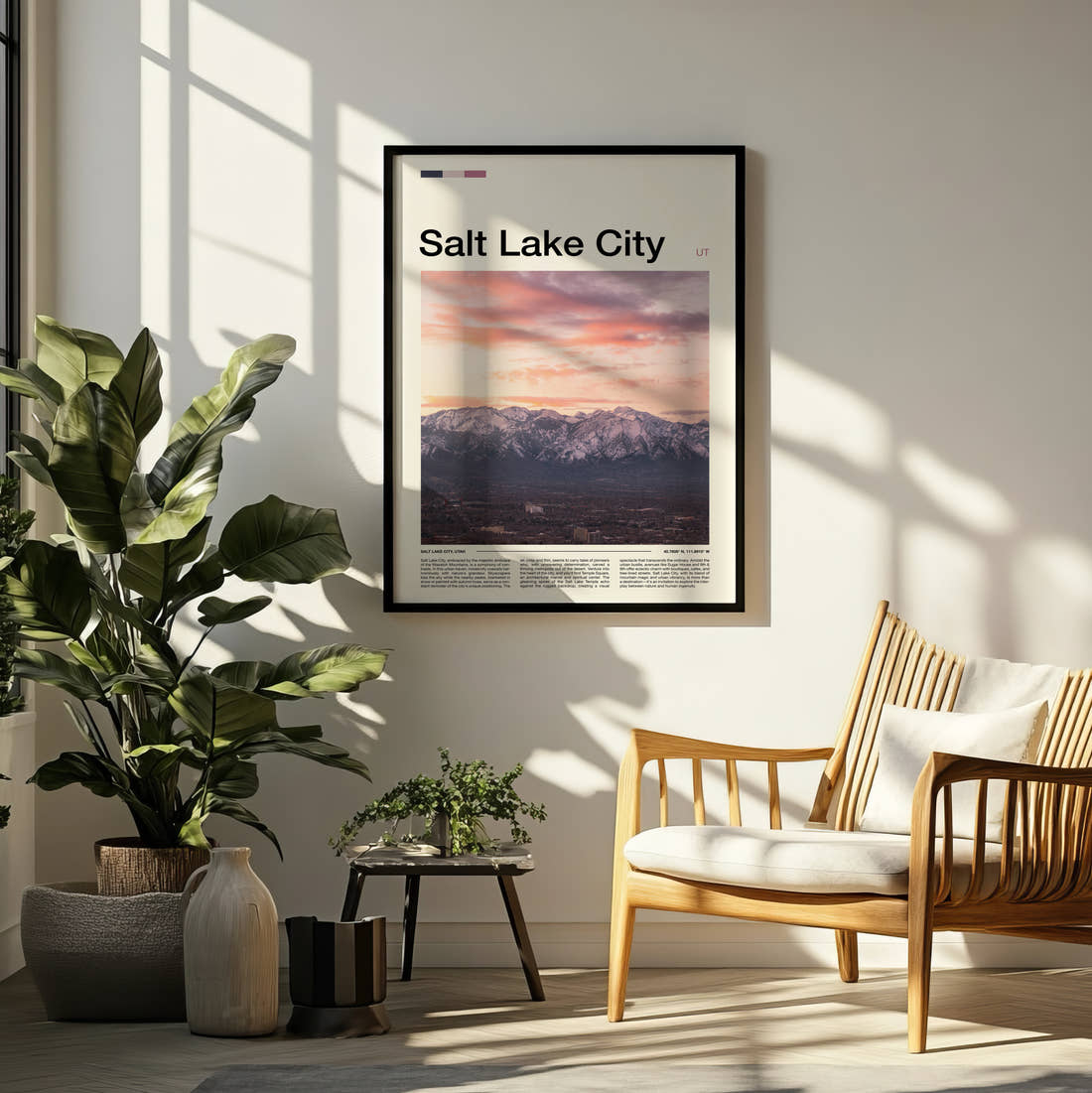 Salt Lake City Snowy Mountains At Sunset Travel Print framed on a pale wall beside houseplants