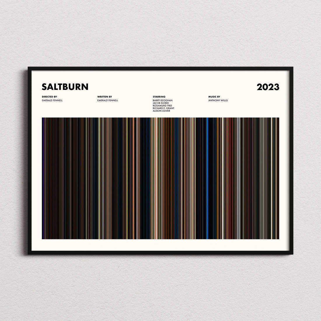 Saltburn Movie Barcode Poster framed and photographed straight on