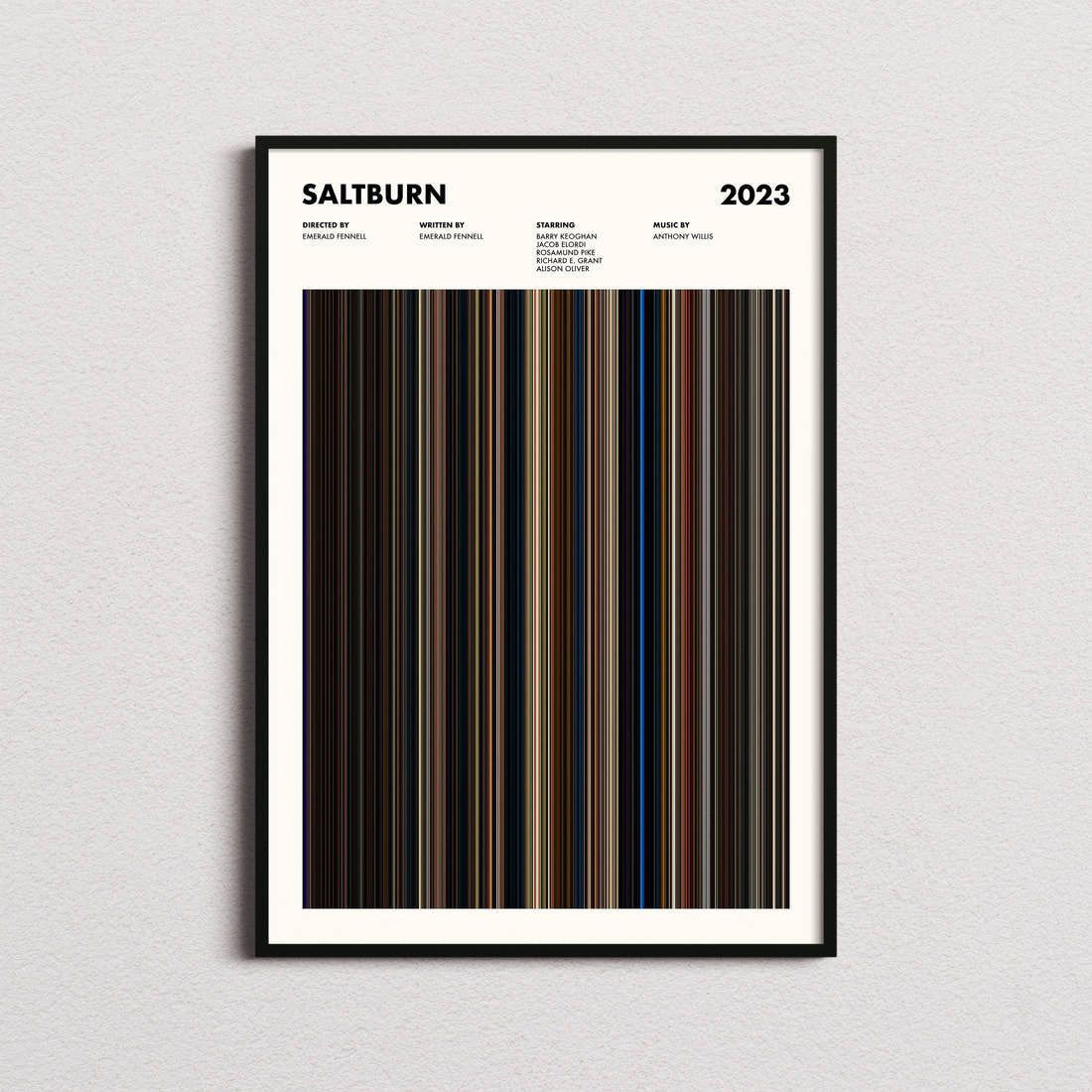 Saltburn Movie Barcode Poster framed on a plain studio wall