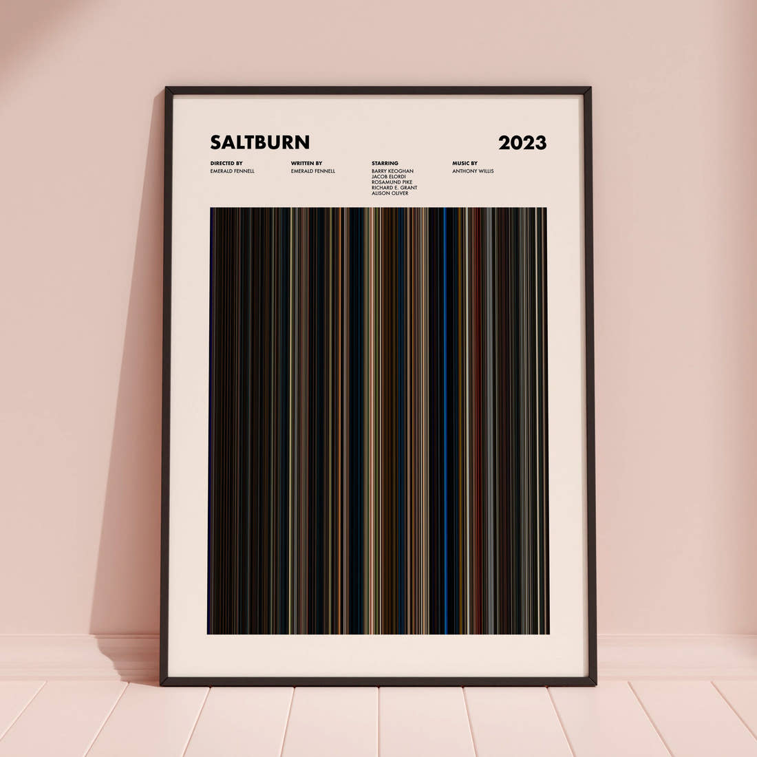 Saltburn Movie Barcode Poster framed and leaning against a coloured wall