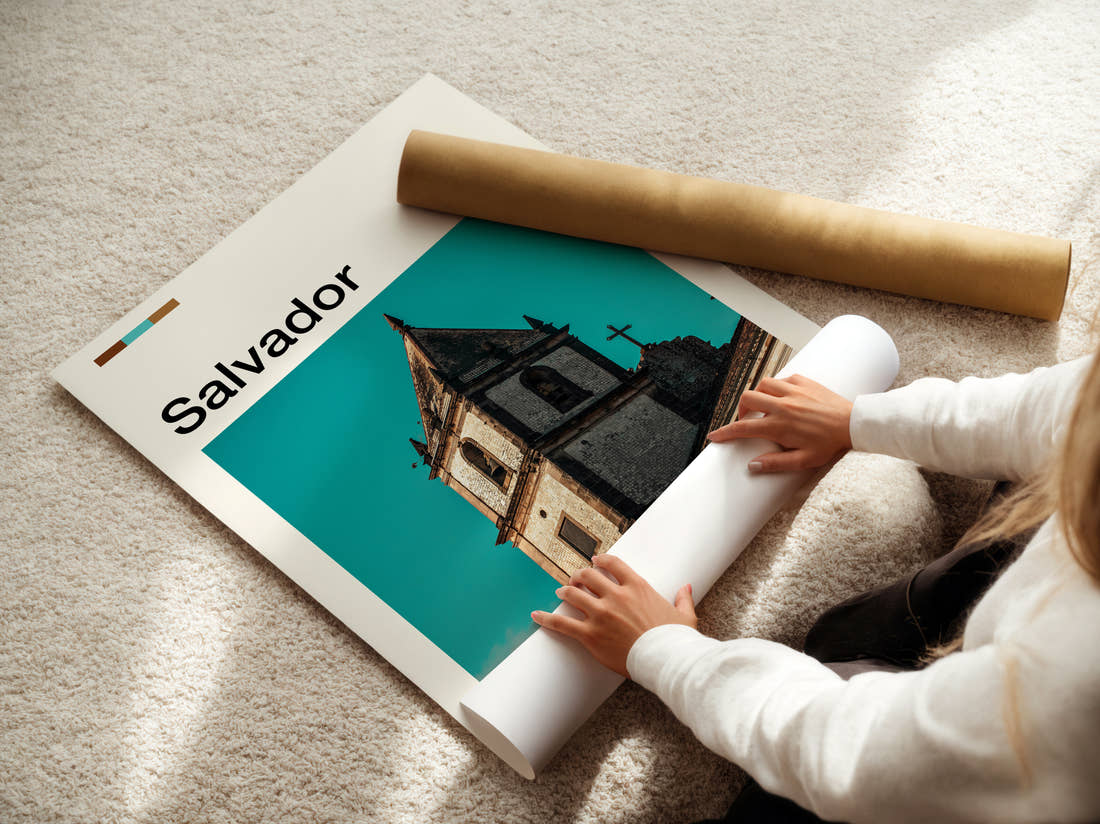 Salvador Church Bell Tower Travel Print being unrolled from its postal tube