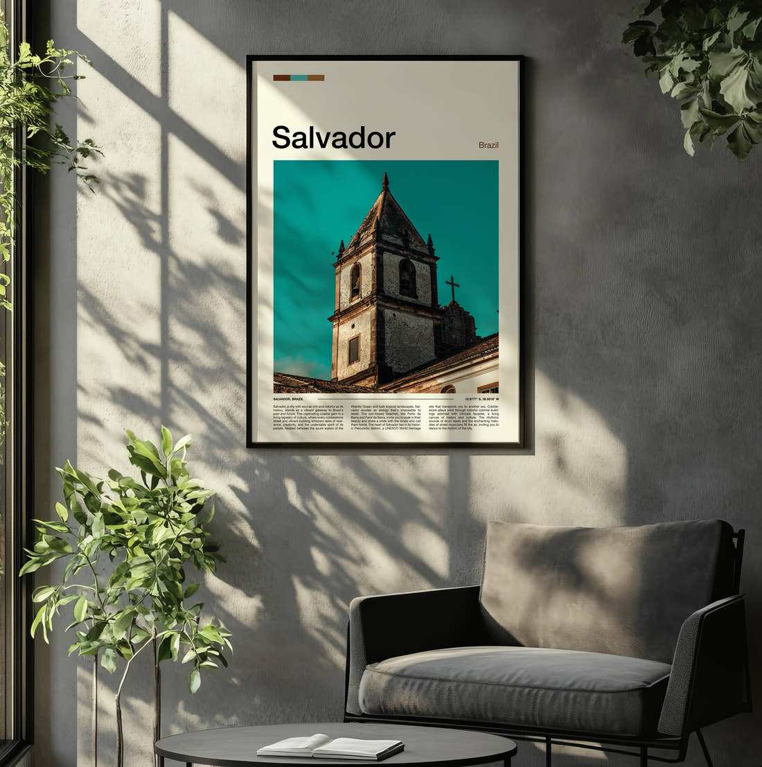 Salvador Church Bell Tower Travel Print framed on the wall of a relaxed living room