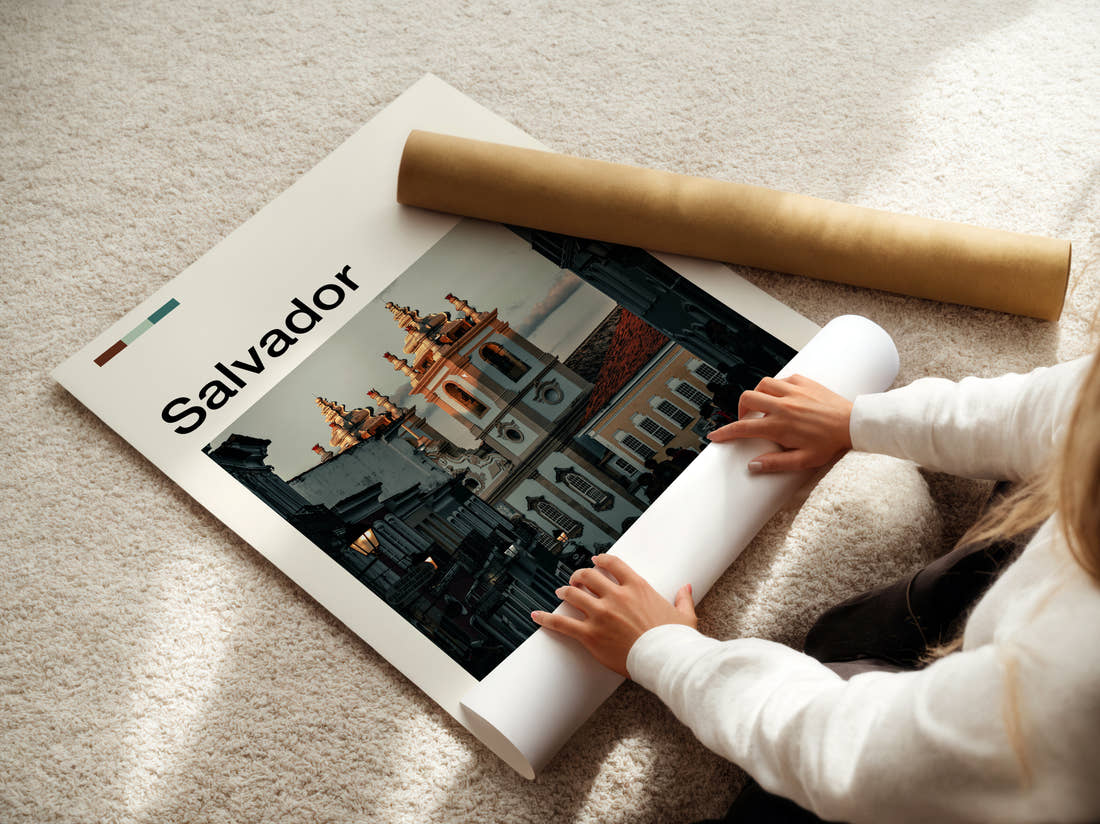 Salvador Colonial Church Towers Travel Print being unrolled from its postal tube