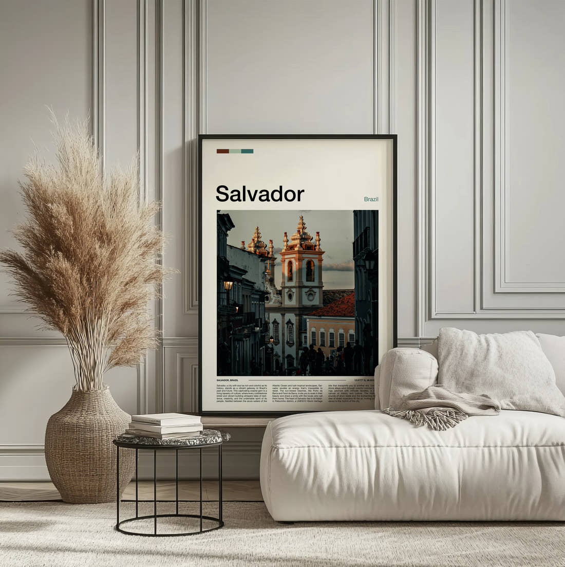 Salvador Colonial Church Towers Travel Print framed on the wall of a calm, neutral bedroom