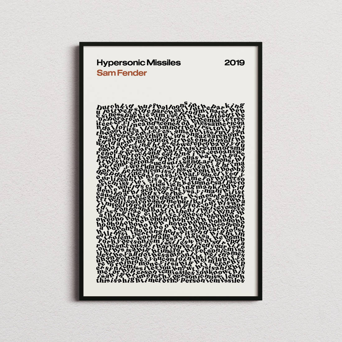 Sam Fender Hypersonic Missiles Lyric Print in the cream colourway, framed