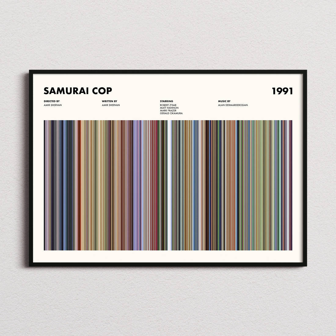 Samurai Cop Movie Barcode Poster framed and photographed straight on