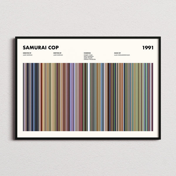 Samurai Cop Movie Barcode Poster framed and photographed straight on