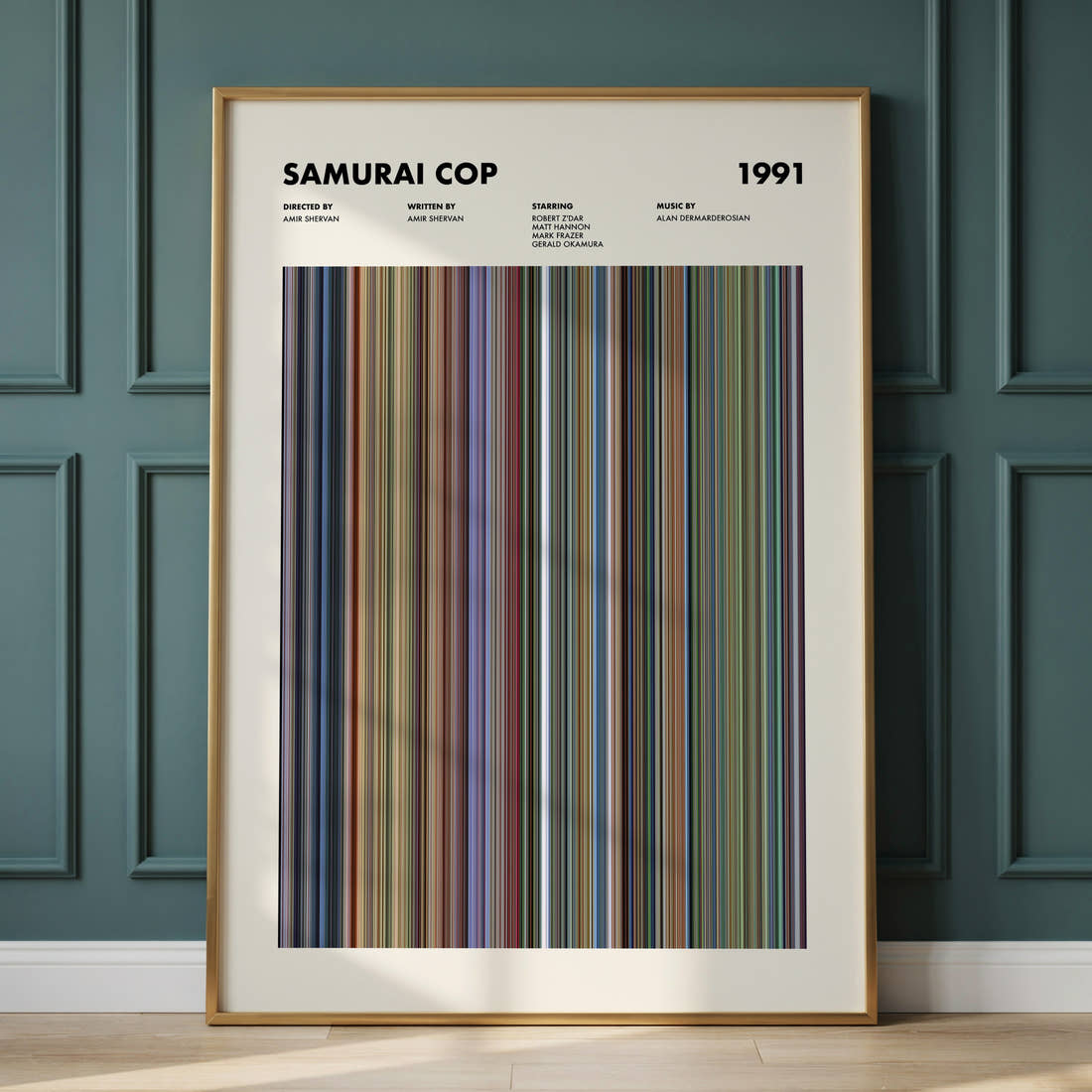 Samurai Cop Movie Barcode Poster framed and leaning against a panelled wall