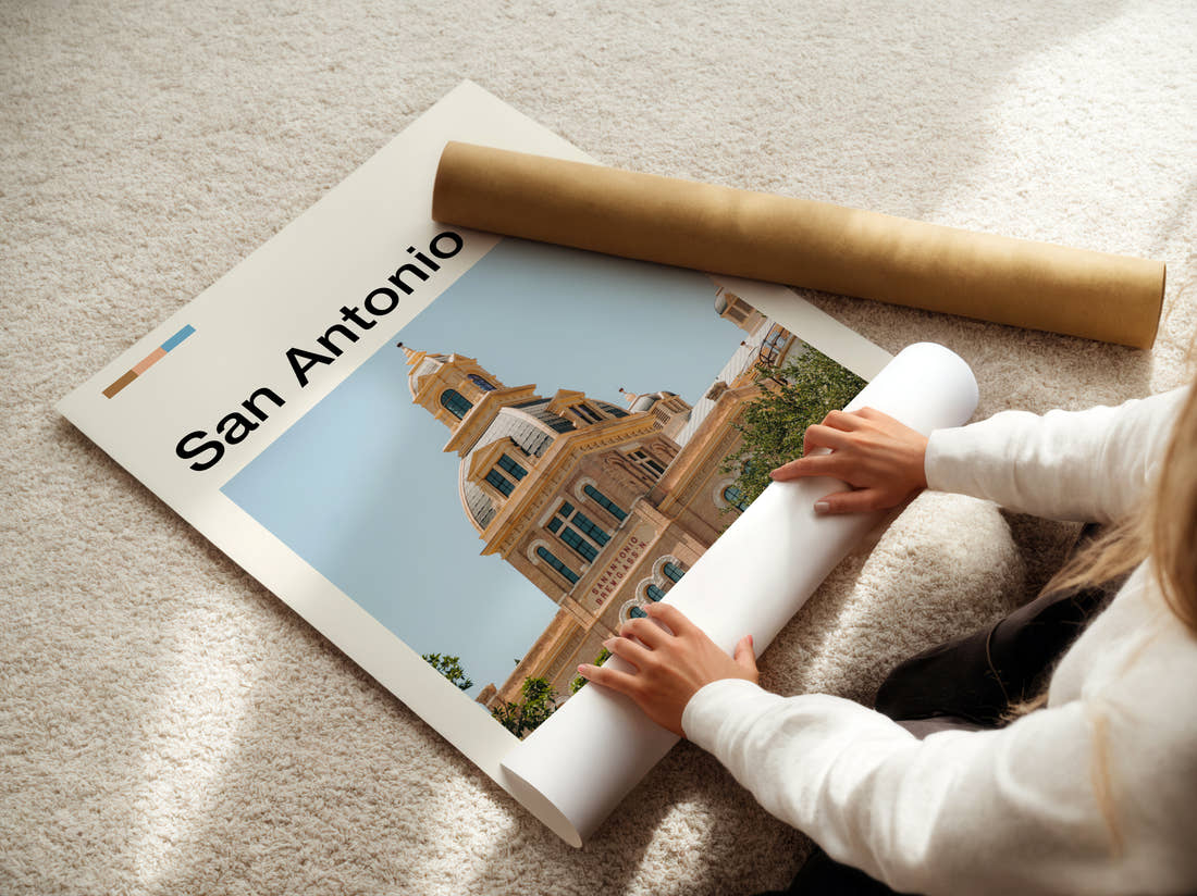 San Antonio Historic Clock Tower Travel Print being unrolled from its postal tube