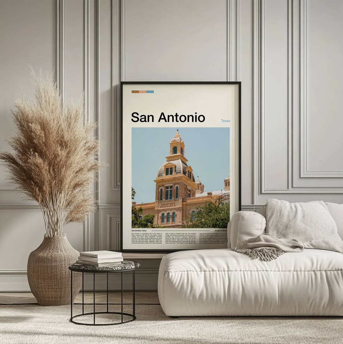 San Antonio Historic Clock Tower Travel Print framed on the wall of a calm, neutral bedroom