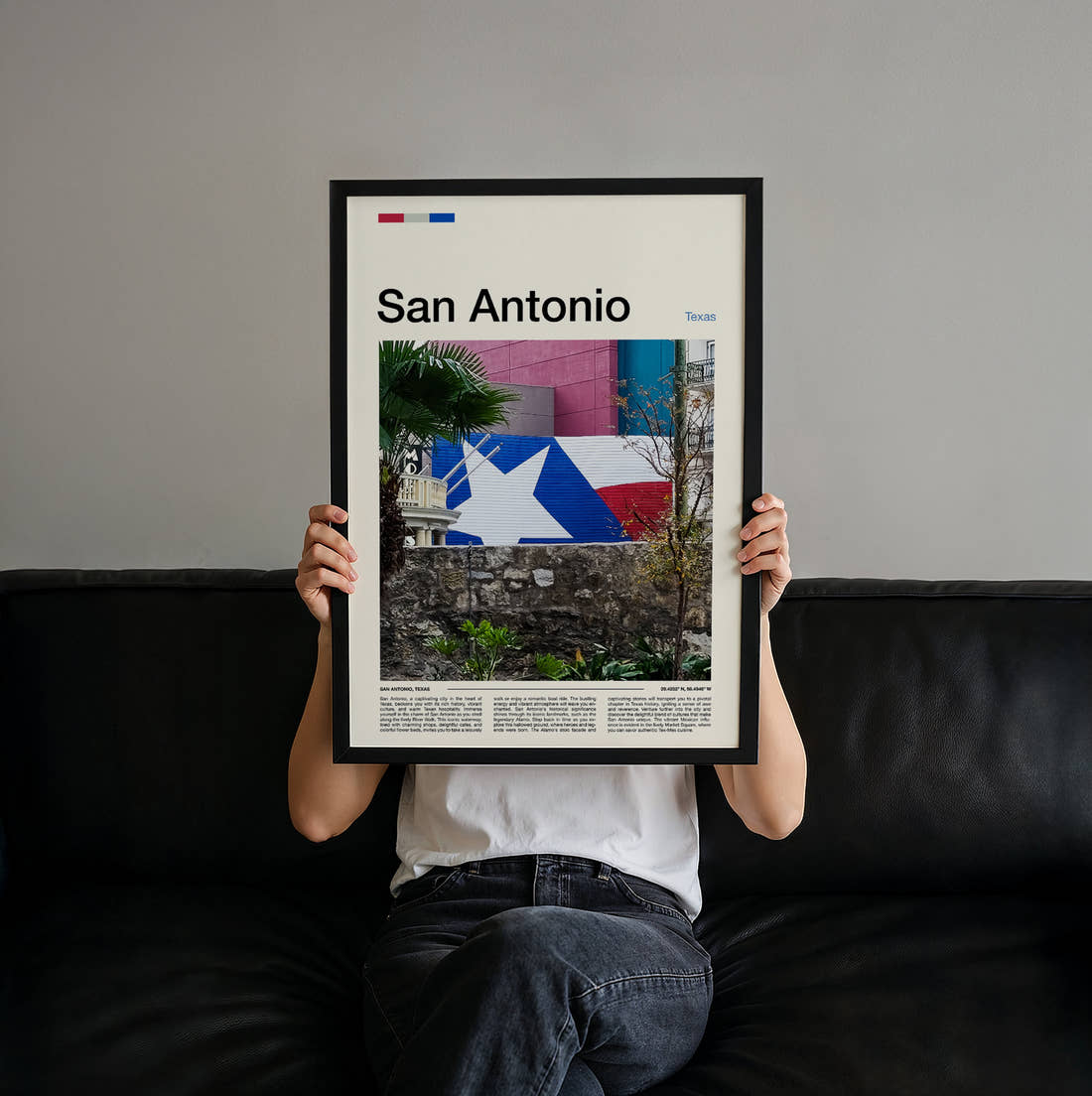 San Antonio Texas Flag Mural Travel Print held up by hand to show the size of the print