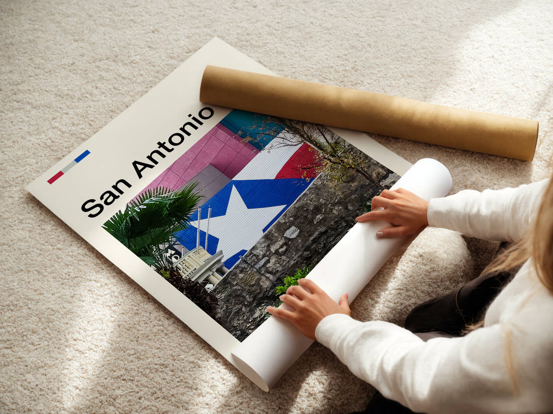 San Antonio Texas Flag Mural Travel Print being unrolled from its postal tube